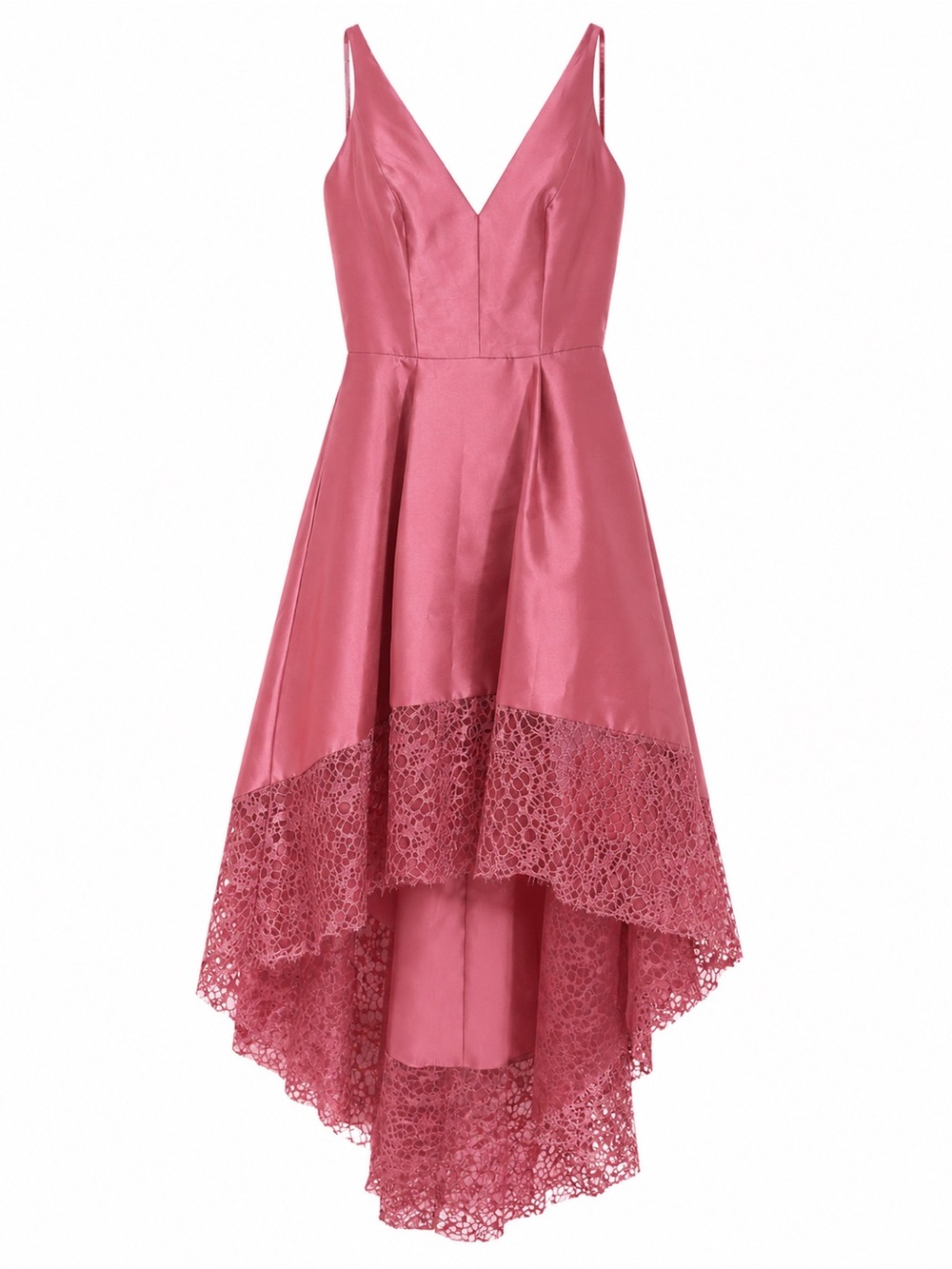 Monique Lhuillier Rose Pink Satin High-Low Lace Hem Dress